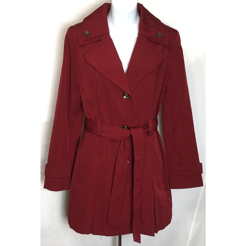 Liz Claiborne midi trench Rain coat S dk red 3 button belted career glam